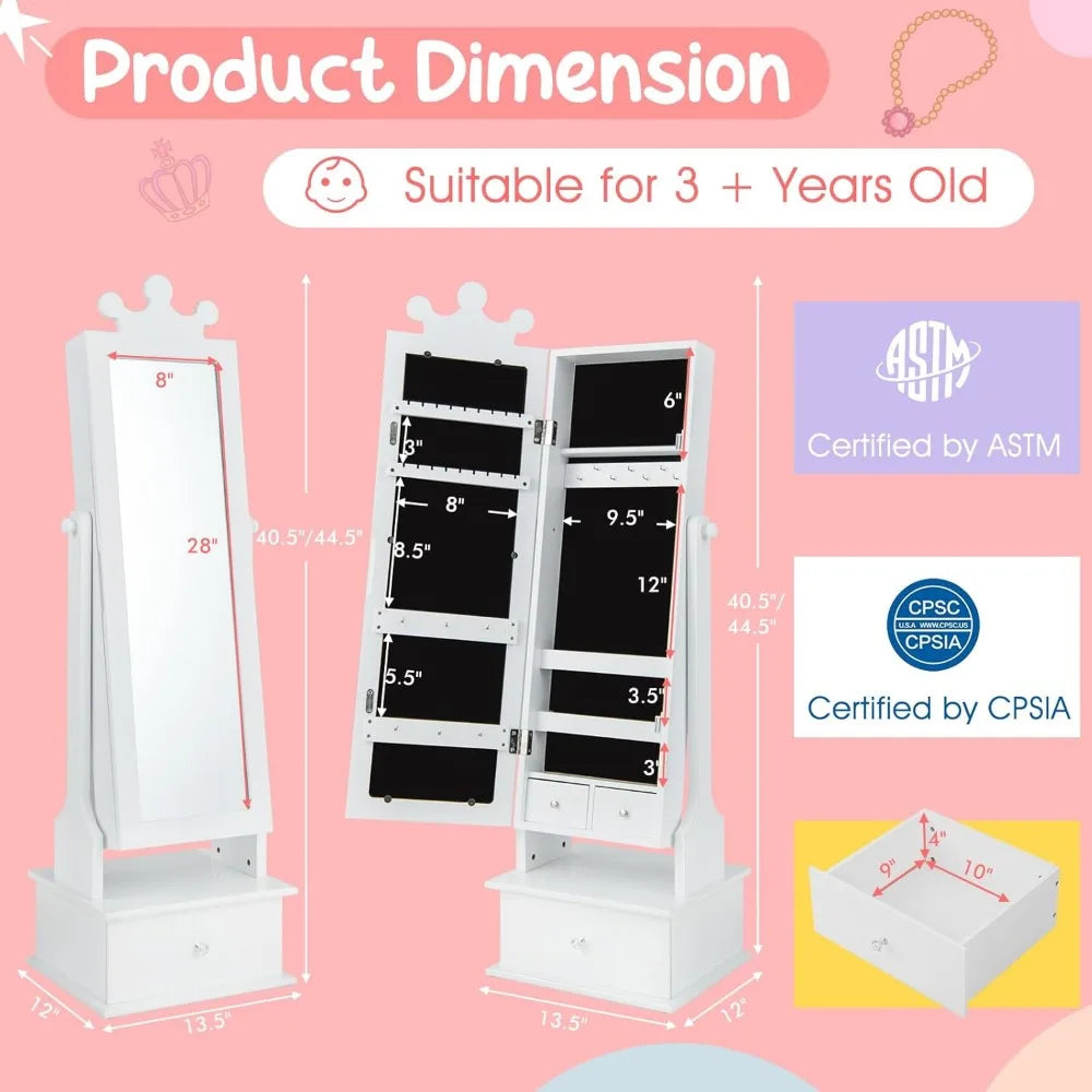 Kids Jewelry Armoire Cabinet, 45” Standing Jewelry Organizer, 3 Storage Drawers, Kids Vanity Dress Up Mirror Jewelry Cabinet