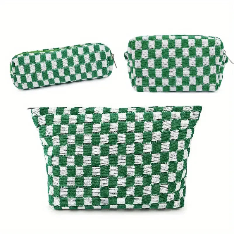 3 Pcs Makeup Bag Set Checkered Cosmetic Bag Large Capacity Travel Toiletry Bag Organizer Cute Makeup Brush Storage Bag For Women