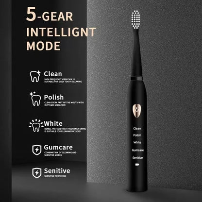 Electric Toothbrush 5-gear Mode USB Charging 4 colors IPX7 Waterproof Ultrasonic Rechargeable Soft Hair Toothbrush Adult Classic