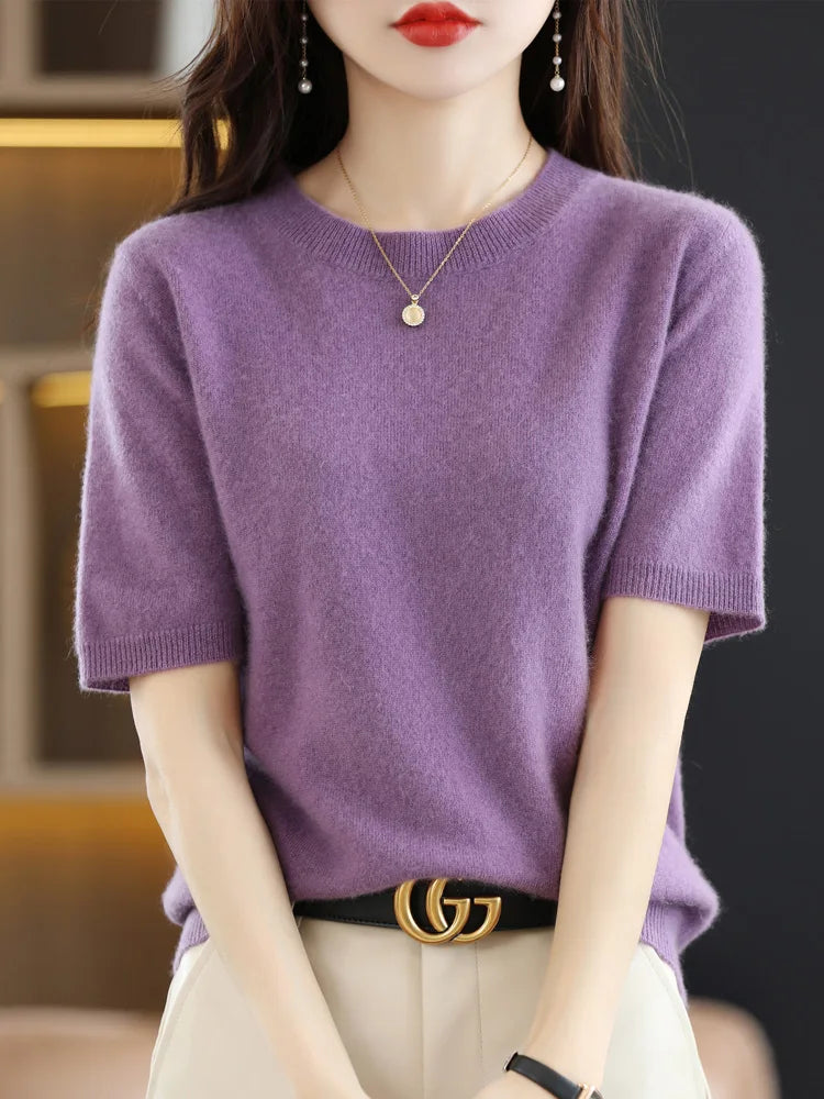 Women Merino Wool Sweater Cashmere Pullover Fashion Basic  O-Neck Knitwear Short Sleeve Elegant T-Shirt Clothing Tops