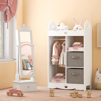 Kids Jewelry Armoire Cabinet, 45” Standing Jewelry Organizer, 3 Storage Drawers, Kids Vanity Dress Up Mirror Jewelry Cabinet