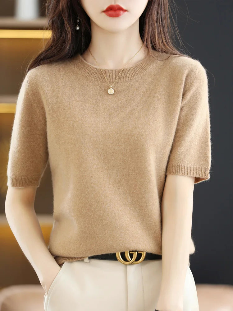 Women Merino Wool Sweater Cashmere Pullover Fashion Basic  O-Neck Knitwear Short Sleeve Elegant T-Shirt Clothing Tops