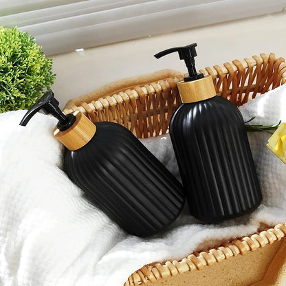 Strip Soap Dispenser with Bamboo Pump Refillable Shampoo Conditioner Hands and Dishes Soap Dispenser Bottle for Kitchen Bathroom