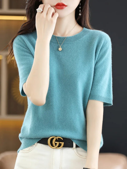 Women Merino Wool Sweater Cashmere Pullover Fashion Basic  O-Neck Knitwear Short Sleeve Elegant T-Shirt Clothing Tops