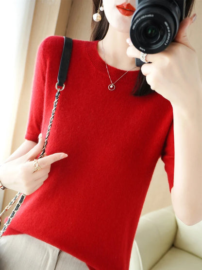 Women Merino Wool Sweater Cashmere Pullover Fashion Basic  O-Neck Knitwear Short Sleeve Elegant T-Shirt Clothing Tops