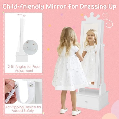 Kids Jewelry Armoire Cabinet, 45” Standing Jewelry Organizer, 3 Storage Drawers, Kids Vanity Dress Up Mirror Jewelry Cabinet